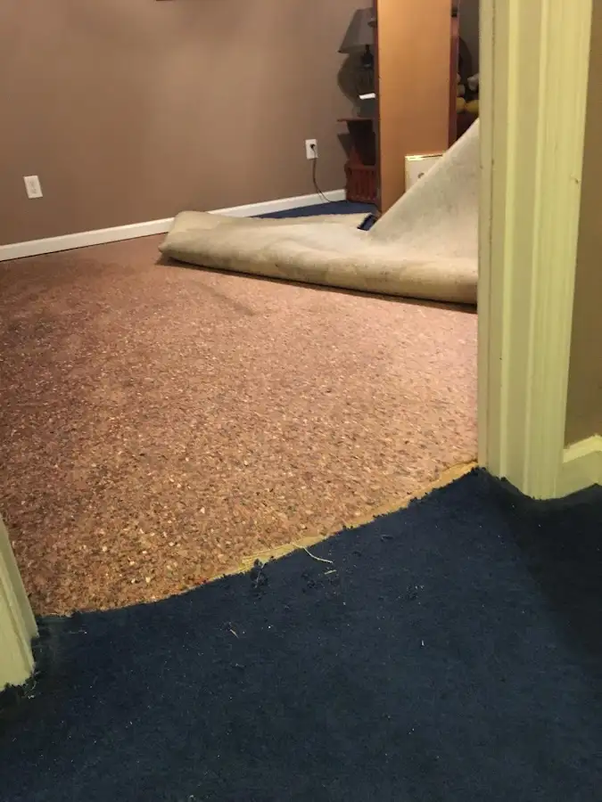 Carpet pad removal revealing water damage during Water Mitigation Services in Pennsauken